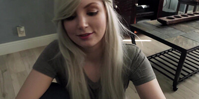 Blonde vixen Haylie gets boned on leather couch