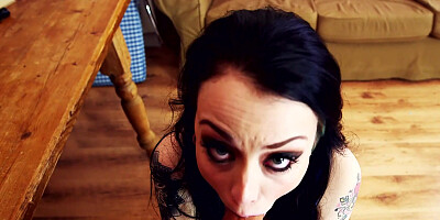 Tattooed brunette is making a porn video