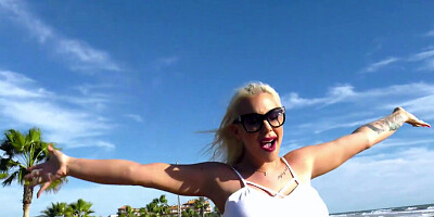 Busty blonde girl shakes big tits riding hard cock outside