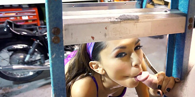 Fierce Latina gets a wild ride in hung guy's bike shop