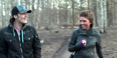Brunette gives double blowjob while getting half-naked in the forest