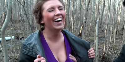 Brunette gives double blowjob while getting half-naked in the forest