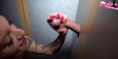 German teen 18+ slut at homemade glory hole with creampie