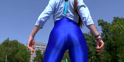 Russian nubile in blue high mid-body latex