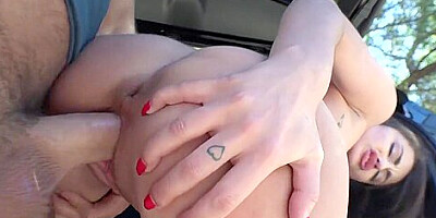 Brunette teen 18+ Gives Footjob In The Car