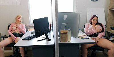 Two busty colleagues masturbate at work