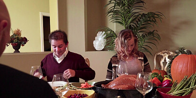 Madison Ivy sucks bf's son cock under the table then fucks him in the kitchen