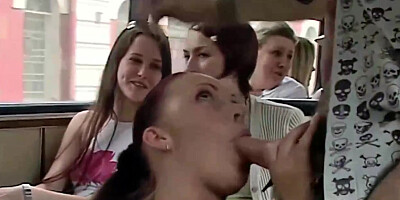 Bitchy black-haired with trimmed cooch is getting bashed in the bus, in front of many people