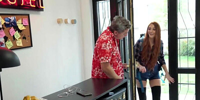 Tall redhead helping the older guy orgasm in the rom