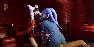 Slutty babes sharing a hard cock in cosplay threesome