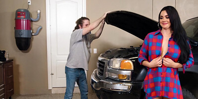 Dark haired brunette gets rammed so hard in the garage
