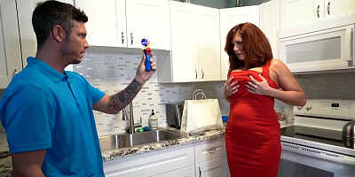 Crimson haired mature with immense baps, Andi James got porked in the kitchen, until she came