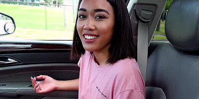 Asian Aria Skye flashing her tits & sucking & fucking dick in the car back