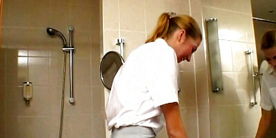 All-natural German beauty teases her cunt with dildo in bathroom