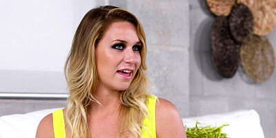 Blonde bombshell is getting fucked hard on the couch