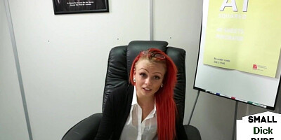 Redhead femdom humiliates tiny dick guy at interview