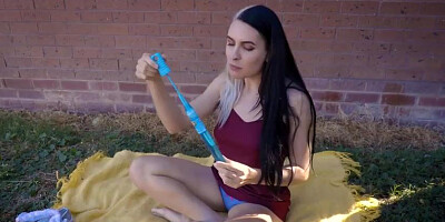 Filthy minded black-haired is about to flash us how she luvs to use a orgy fucktoy