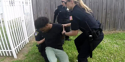 Busty female cops are fucking with black suspect on the roof