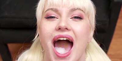 Smoking warm ash-blonde, Miss Melissa is gobbling fountains of new spunk in front of the camera