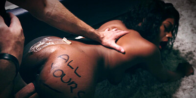 Long haired ebony gets covered in cum after servicing white cock