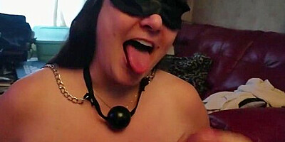 my cumslut takes a facial with a ball gag