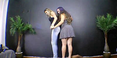 Two Tall Girls Trample One Skinny Little Slavegirl