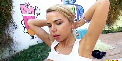 Super-Steamy blond, Alina West is using her deep jaws to please Mike Adriano, before getting butt-fucked