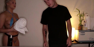 Johnny Blaster is getting a deep, voluptuous suck off from a smoking steaming platinum-blonde, in a rubdown parlour