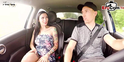 Chesty German dark haired is shagging a random fellow in the back of a van, during the day