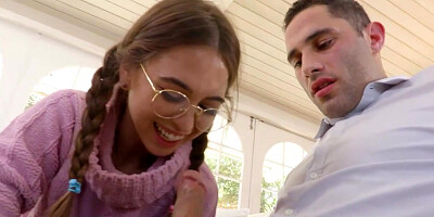 Ponytailed student with glasses asked her investigating acquaintance to poke her taut rump, until she blows a load
