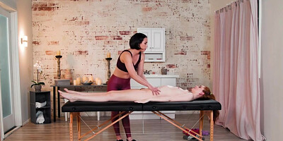 Maya Kendrick and Casey Calvert are vigorously making love with each other, in a rubdown guest room