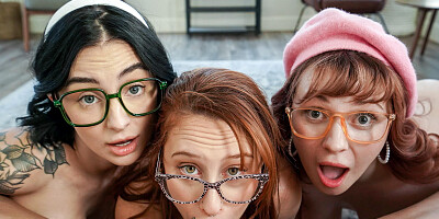 POV fucking three busty nerd girlfriends
