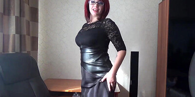 Russian sandy-haired in a ebony, lacy sundress is about to have fun with her puss, until she shoots a load