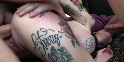 Full-bosomed skank with tattooed body stuffed with strong cocks