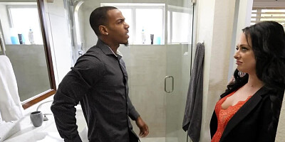 Black guy cheats on wife with brunette who has big fake tits