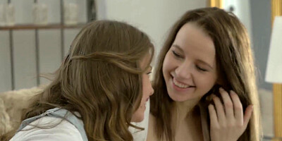 Cute lesbian teens caressing eating & toying each others pussy on a sofa