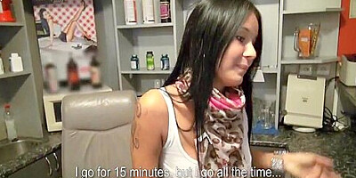 Receptionist flashes her big tits and fucked by stranger for cash