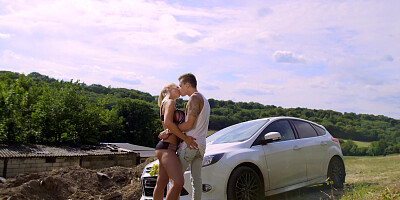 Karlie Simon sucks and gets hard pounded over the car's hood outdoor