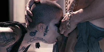 Bald-headed slut with tattoos gets gangbanged and facialized