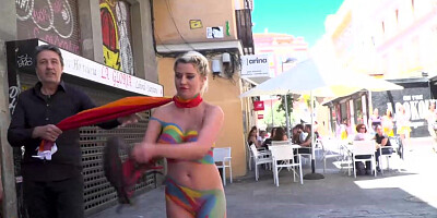 Busty painted blonde babe disgraced on public streets