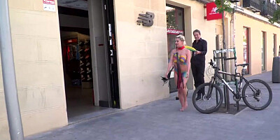 Busty painted blonde babe disgraced on public streets