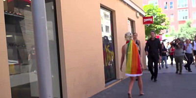 Busty painted blonde babe disgraced on public streets