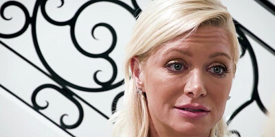 Busty milf fingers her blonde gf pussy