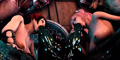 Stunner with meaty, rock hard funbags is yelling while getting ravaged by a monster, in the basement