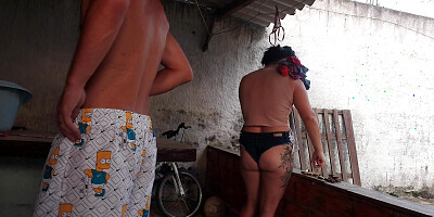 The maid came with short, tight denim shorts to tease me