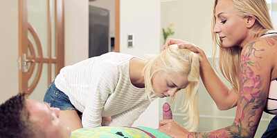 Tattooed blonde sucked her friend's dick