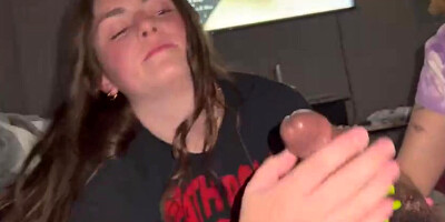 Bffs are taking turns gargling a large, black beef whistle and expecting to get poked rigid