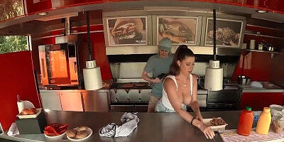 Lady Lyne sucks hard cock in the kitchen and gets fucked