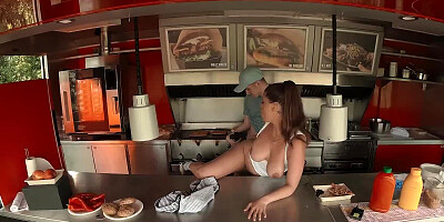 Lady Lyne sucks hard cock in the kitchen and gets fucked