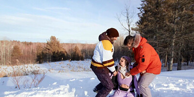 Angel Youngs sucks two hard dicks and gets fucked in the snow